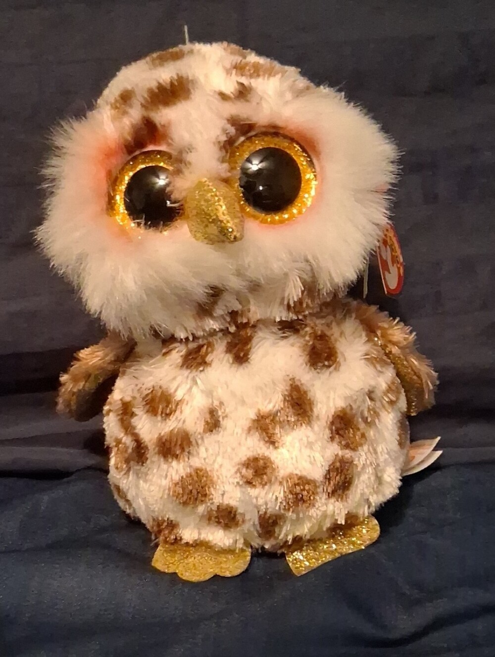 TY BEANIE BOOS, Brown & White Plush Owl with Gold Glitter Beak and Feet